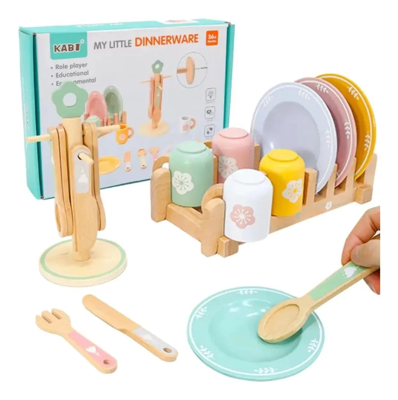 JUEGO DE VAJILLA DE MADERA PARA NIÑOS CON PLATOS Y CUBIERTOS - 1