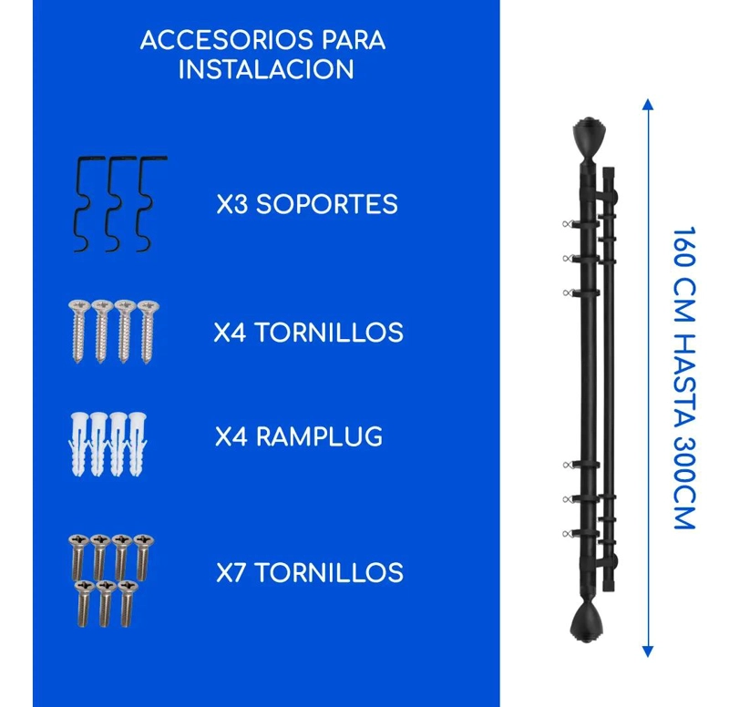 BARRA METALICA EXTENSIBLE PARA CORTINAS AJUSTABLE DE 160 A 300 CM COLOR NEGRO - 2