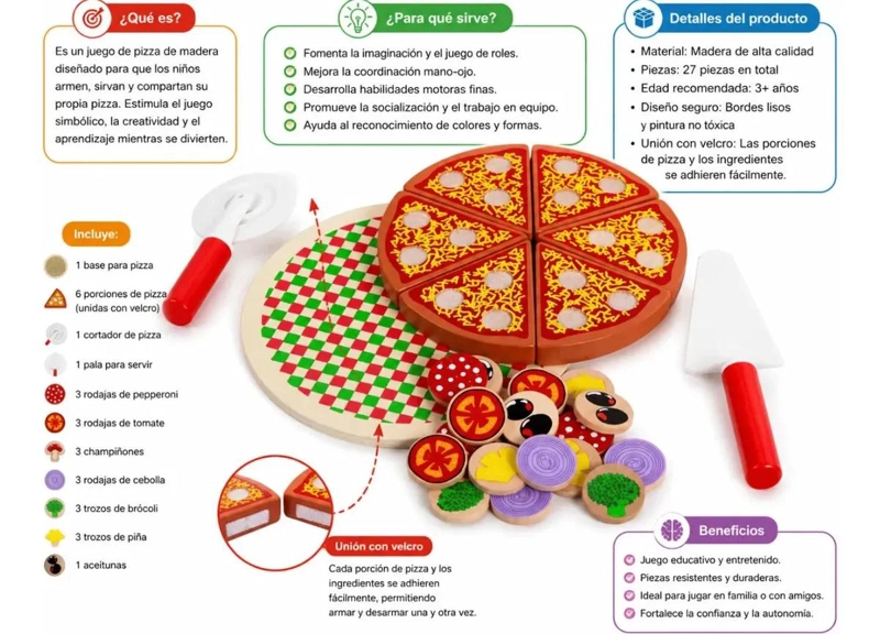 JUEGO EDUCATIVO DE COCINA PIZZA DE MADERA 27 PIEZAS - 6