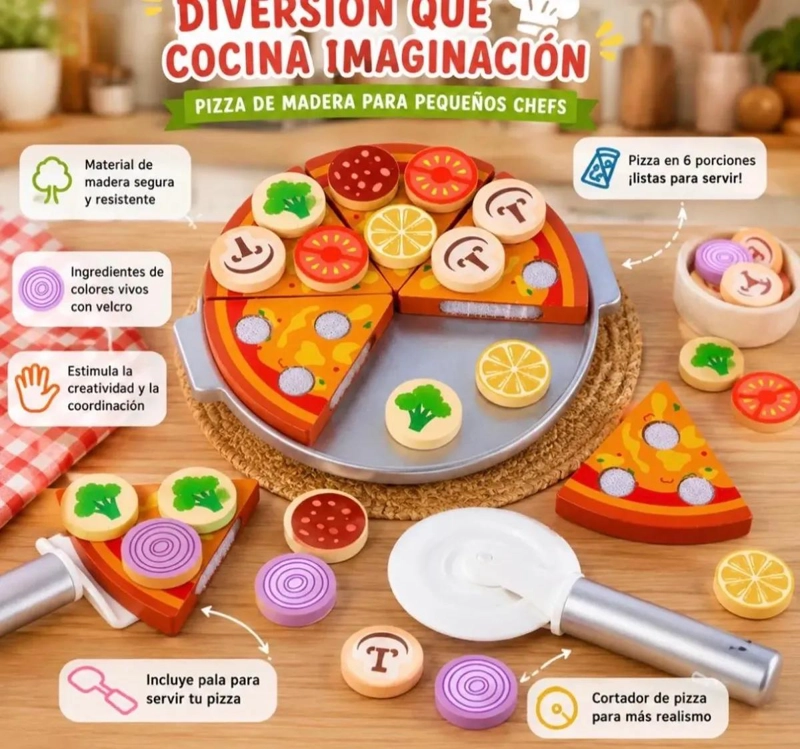 JUEGO EDUCATIVO DE COCINA PIZZA DE MADERA 27 PIEZAS - 7