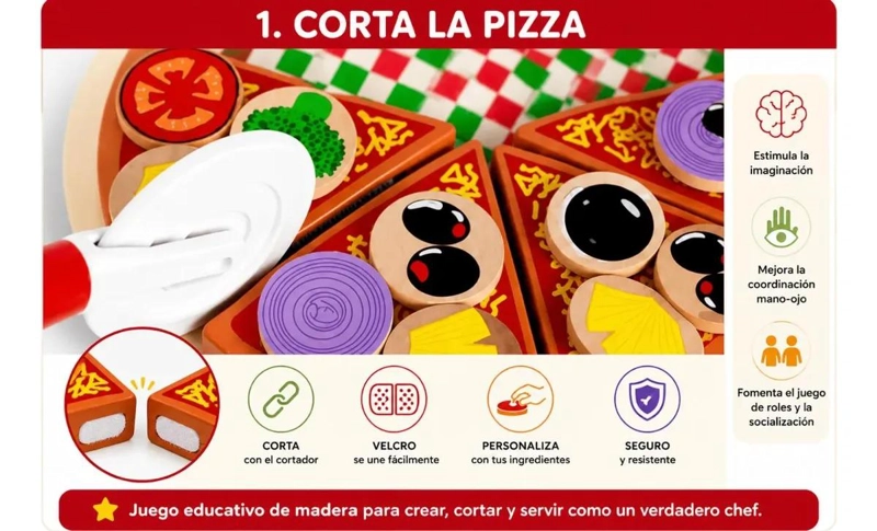 JUEGO EDUCATIVO DE COCINA PIZZA DE MADERA 27 PIEZAS - 9