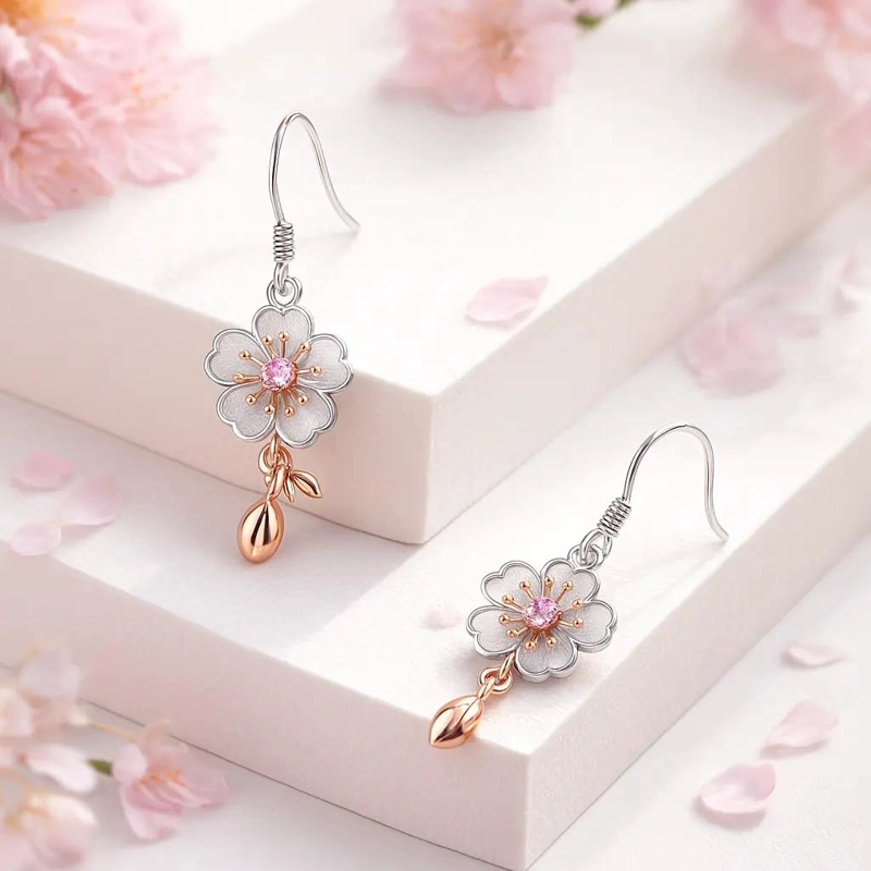 AROS DE PLATA 925 CON ACABADO EN ORO ROSA DISEÑO SAKURA - 6