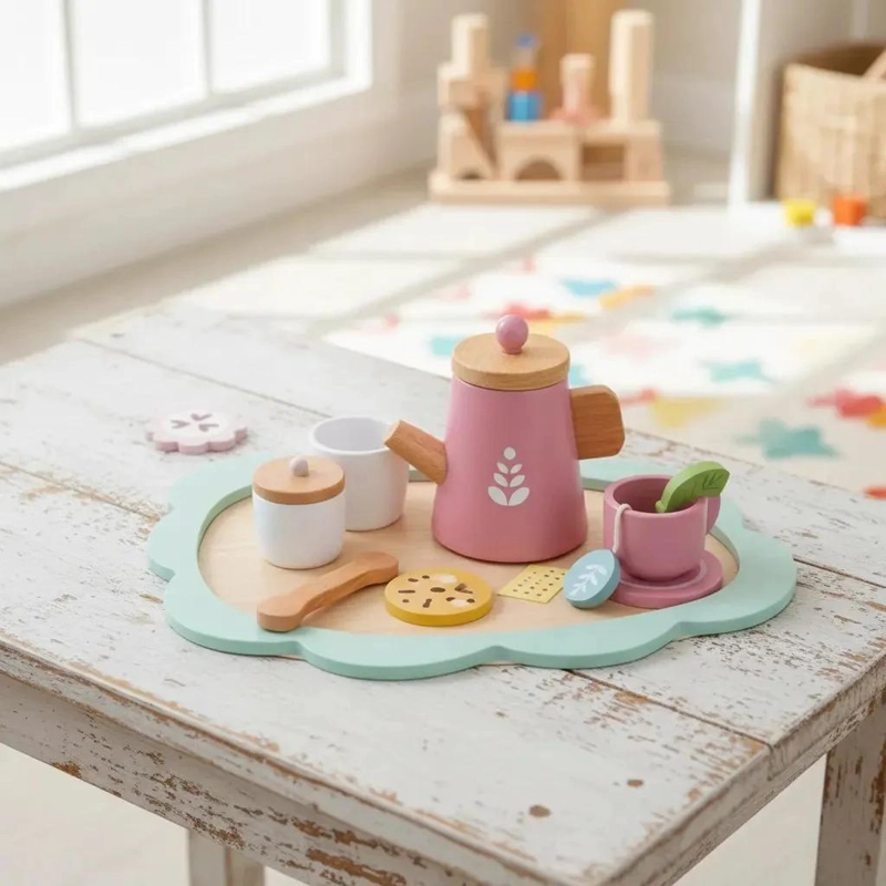 JUEGO DE TE  DE MADERA ACCESORIO DE COCINA DIDACTICO COLOR CELESTE - 1