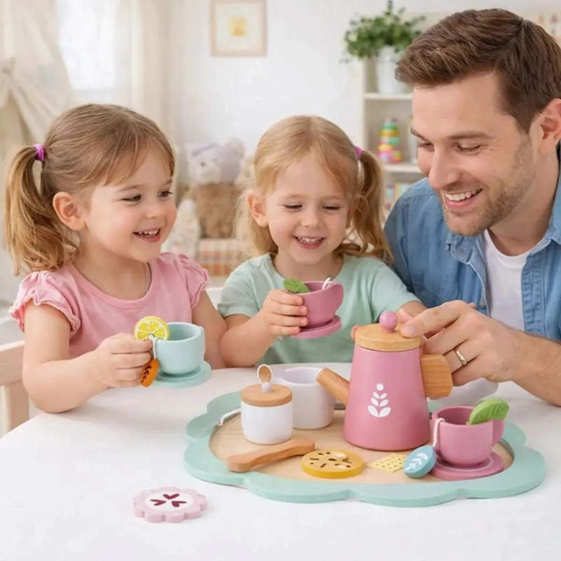 JUEGO DE TE  DE MADERA ACCESORIO DE COCINA DIDACTICO COLOR CELESTE - 2