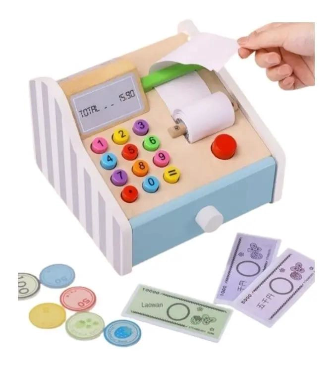 CAJA REGISTRADORA DE MADERA JUGUETE PARA NIÑOS Y NIÑAS - 1