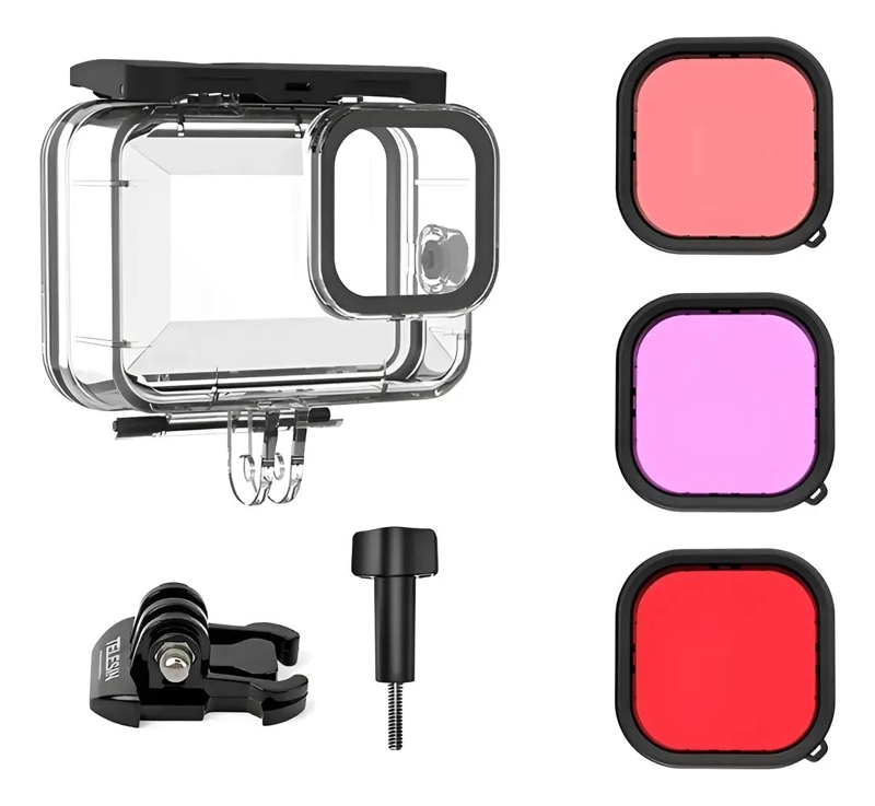 CARCASA IMPERMEABLE CON 3 FILTROS PARA CAMARAS DE ACCION - 1
