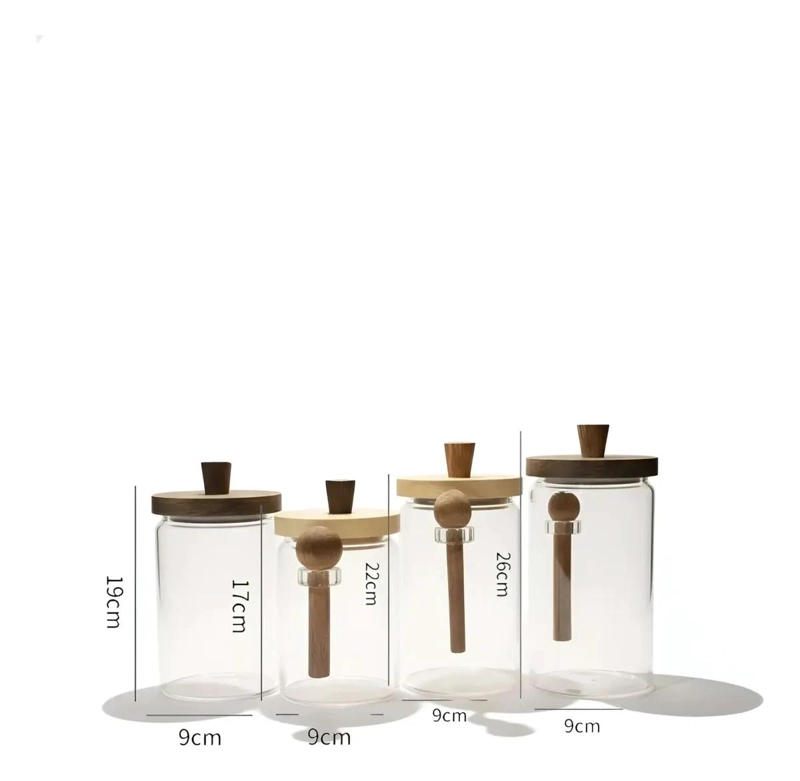 SET DE 4 FRASCOS DE VIDRIO CON TAPA DE MADERA Y CUCHARAS - 3
