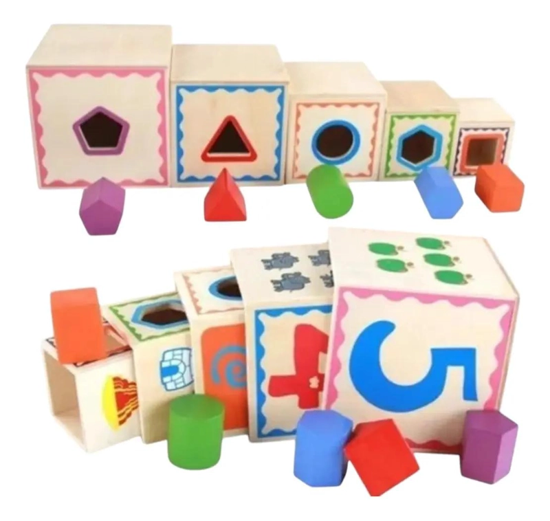 CUBO DE ENCAJE Y TORRE DE BLOQUES DE MADERA PARA NIÑOS - 1