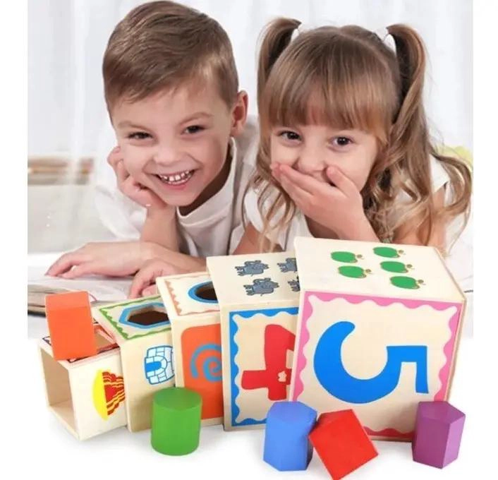 CUBO DE ENCAJE Y TORRE DE BLOQUES DE MADERA PARA NIÑOS - 2