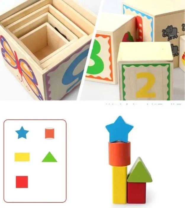 CUBO DE ENCAJE Y TORRE DE BLOQUES DE MADERA PARA NIÑOS - 4