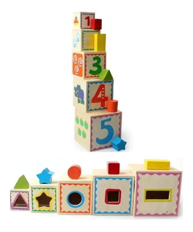 CUBO DE ENCAJE Y TORRE DE BLOQUES DE MADERA PARA NIÑOS - 5
