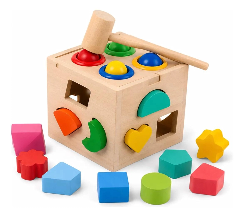 CUBO DIDACTICO DE MADERA CON MARTILLO PARA NIÑOS - 1