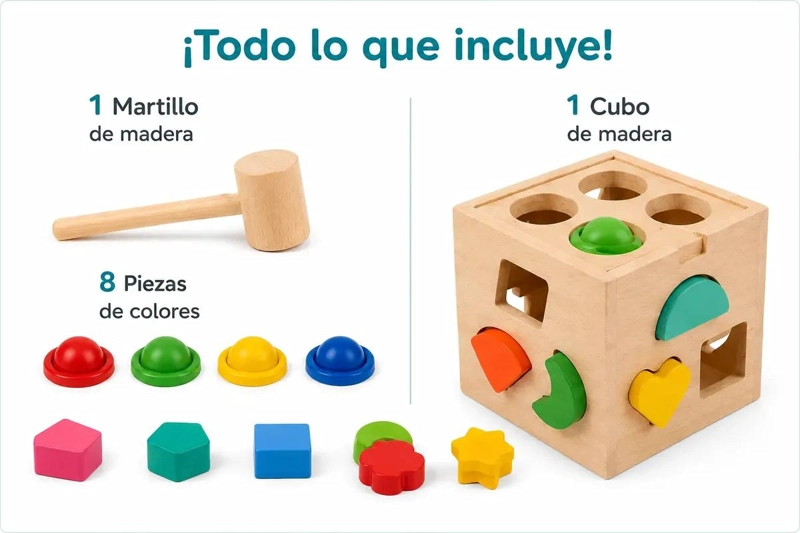 CUBO DIDACTICO DE MADERA CON MARTILLO PARA NIÑOS - 2