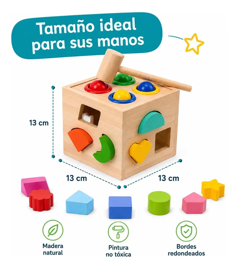 CUBO DIDACTICO DE MADERA CON MARTILLO PARA NIÑOS - 3