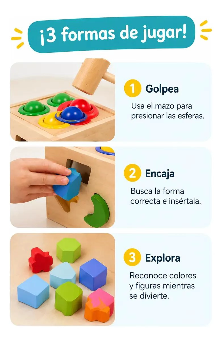 CUBO DIDACTICO DE MADERA CON MARTILLO PARA NIÑOS - 4