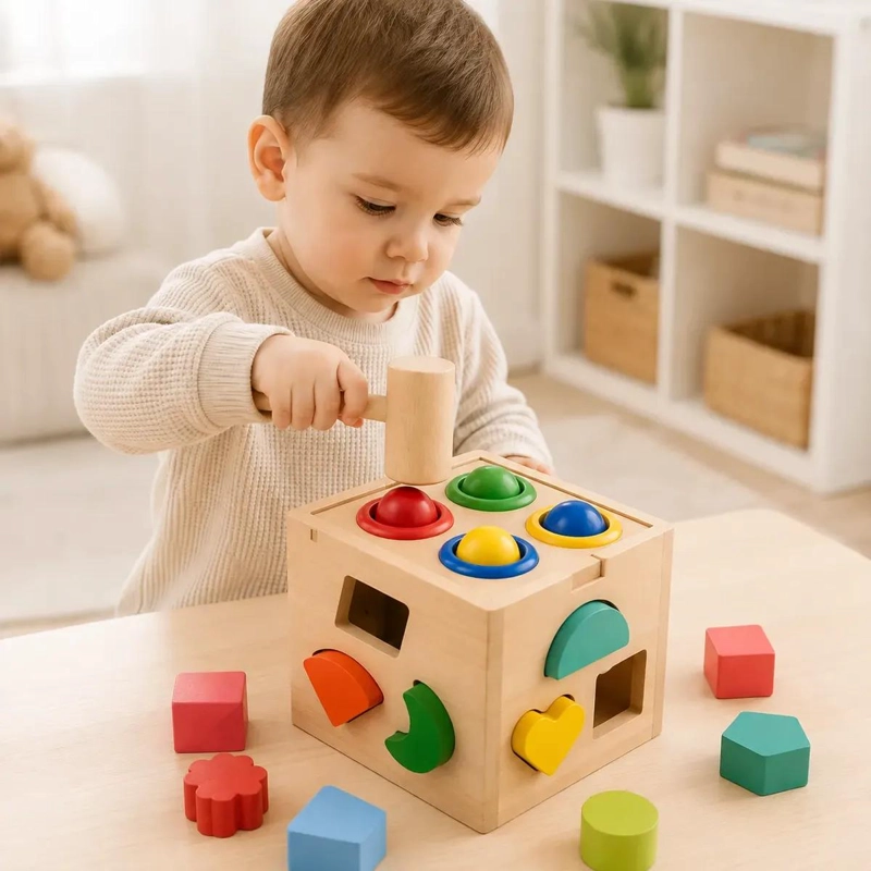 CUBO DIDACTICO DE MADERA CON MARTILLO PARA NIÑOS - 5