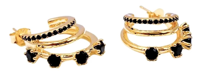 AROS MEDIA ARGOLLA TRIPLE CON CIRCON NEGRO EN PLATA 925 - 1