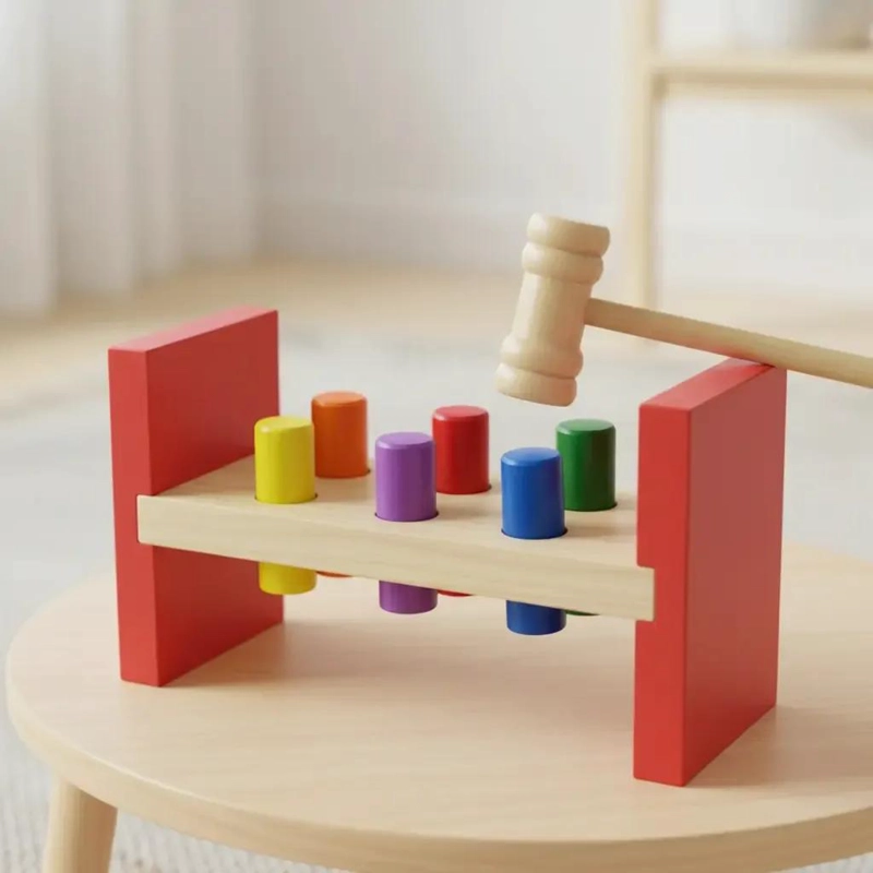 BANCO GOLPEADOR DE MADERA PARA NIÑOS CON MARTILLO COLORIDO - 1