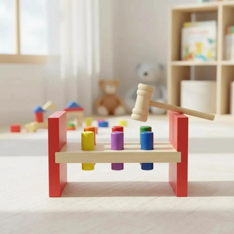 BANCO GOLPEADOR DE MADERA PARA NIÑOS CON MARTILLO COLORIDO - 3