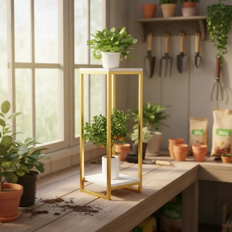PEDESTAL METALICO DOBLE NIVEL PARA MACETEROS ELEGANTE - 7