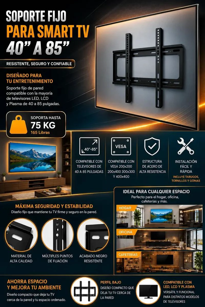 SOPORTE FIJO DE PARED PARA TELEVISORES DE 40 A 85 PULGADAS - 2