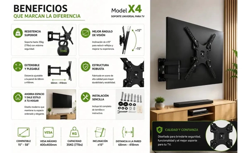SOPORTE MURAL INCLINABLE PARA TV DE 15 A 58 PULGADAS - 3