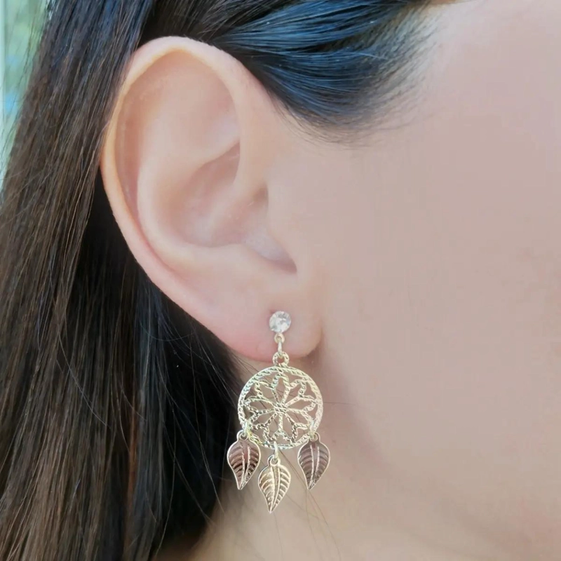 AROS ATRAPASUEÑOS HOJAS ENCHAPADO ORO 18K DISEÑO ELEGANTE - 2