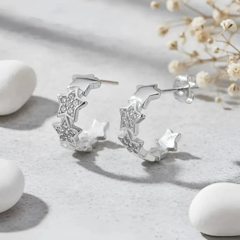 AROS DE PLATA 925 EN FORMA DE ESTRELLAS PARA USO DIARIO - 4