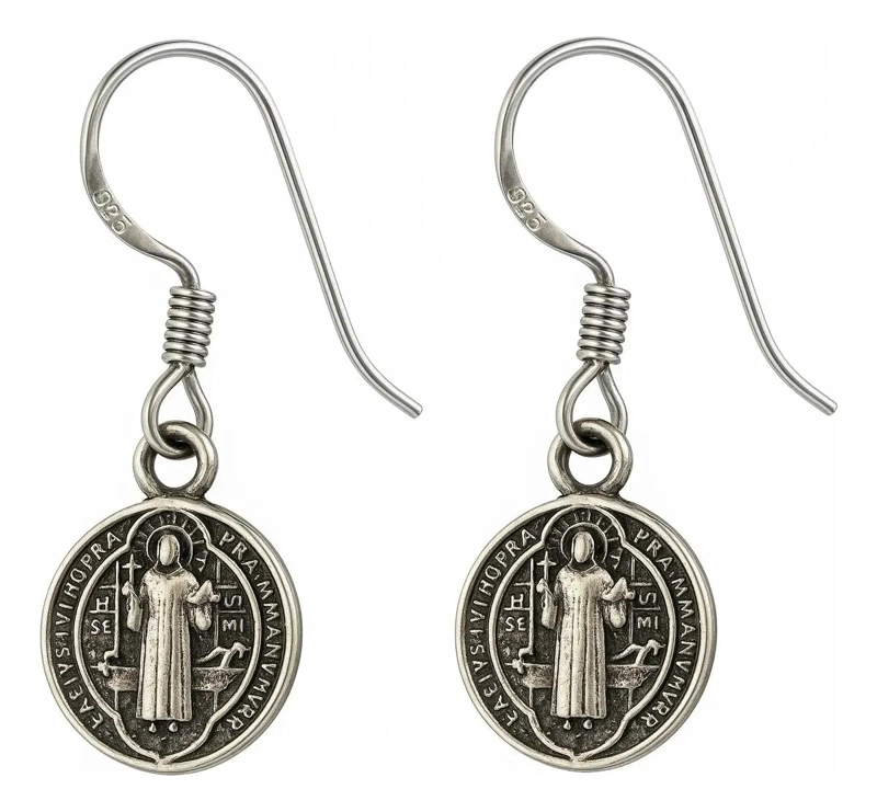 AROS COLGANTES DE PLATA 925 CON MEDALLA SAN BENITO - 1