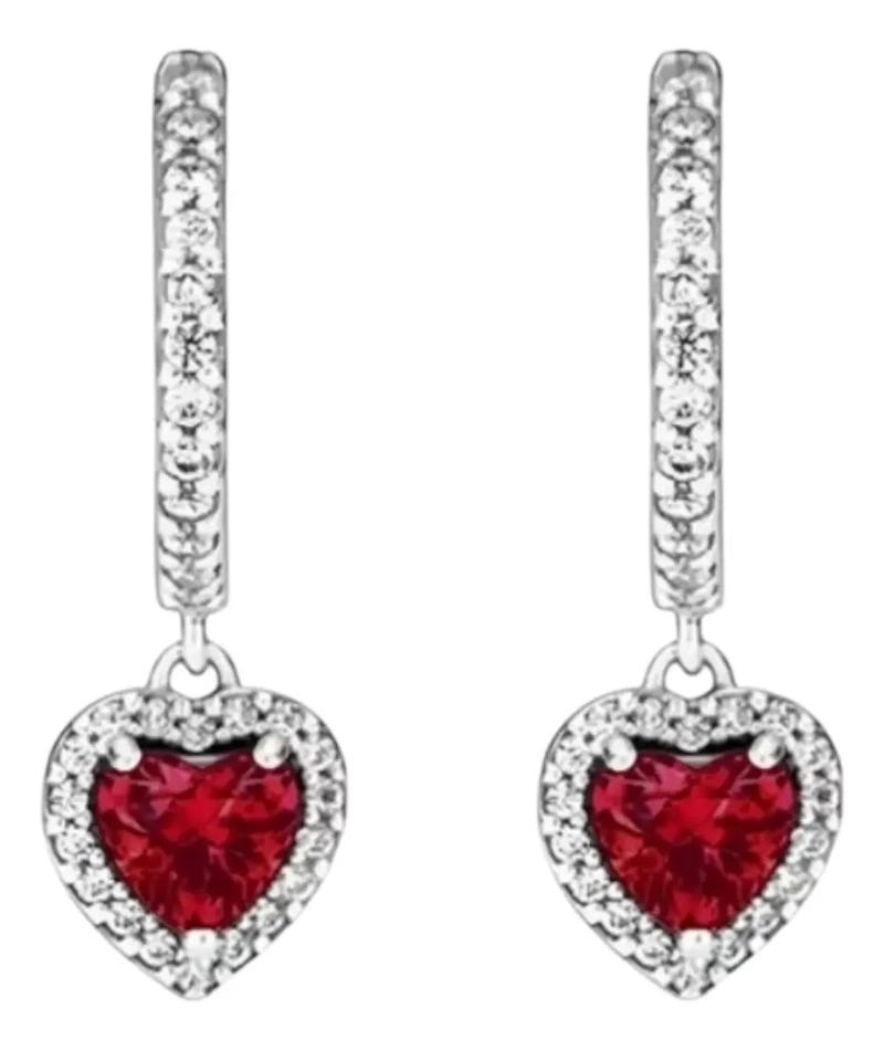 AROS HALO CORAZON CIRCONITA ROJA EN PLATA LEY 925 - 1
