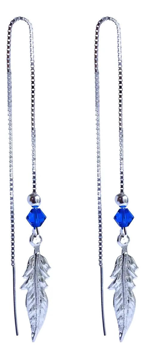 AROS DE PLATA 925 CON DISEÑO DE PLUMAS Y CRISTAL AZUL - 1