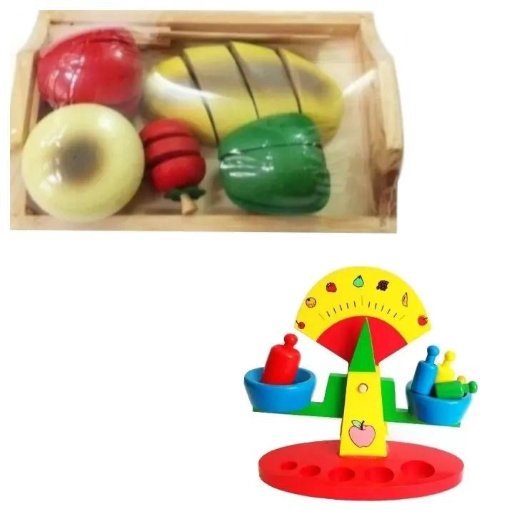 COCINA DE JUGUETE CON CESTA DE VEGETALES Y BALANZA DE MADERA - 1