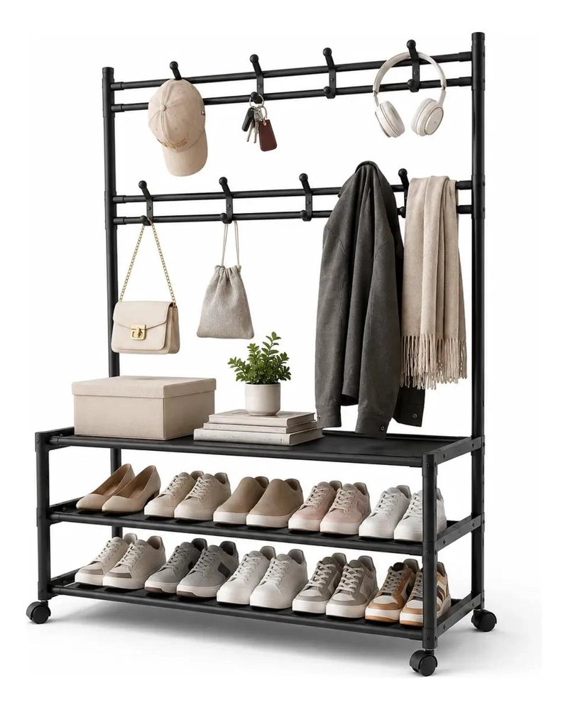 ORGANIZADOR ZAPATERO Y PERCHERO CON RUEDAS COLOR NEGRO 77X35X165CM - 1