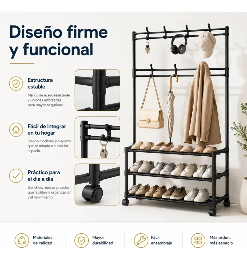 ORGANIZADOR ZAPATERO Y PERCHERO CON RUEDAS COLOR NEGRO 77X35X165CM - 2