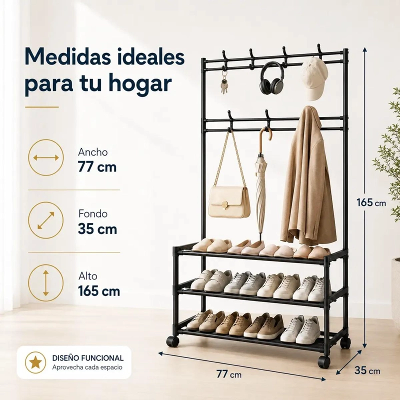 ORGANIZADOR ZAPATERO Y PERCHERO CON RUEDAS COLOR NEGRO 77X35X165CM - 3