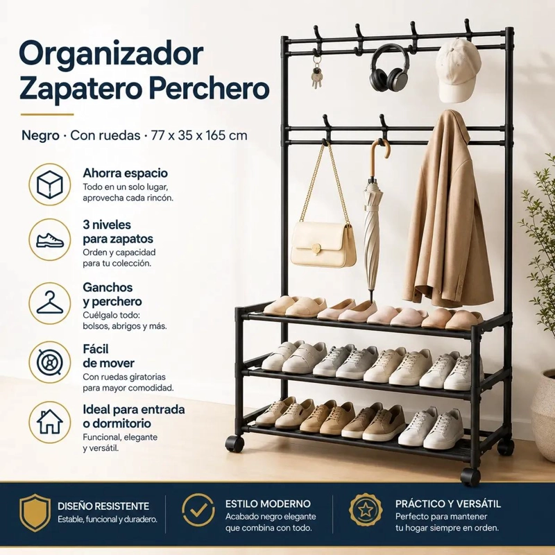 ORGANIZADOR ZAPATERO Y PERCHERO CON RUEDAS COLOR NEGRO 77X35X165CM - 4