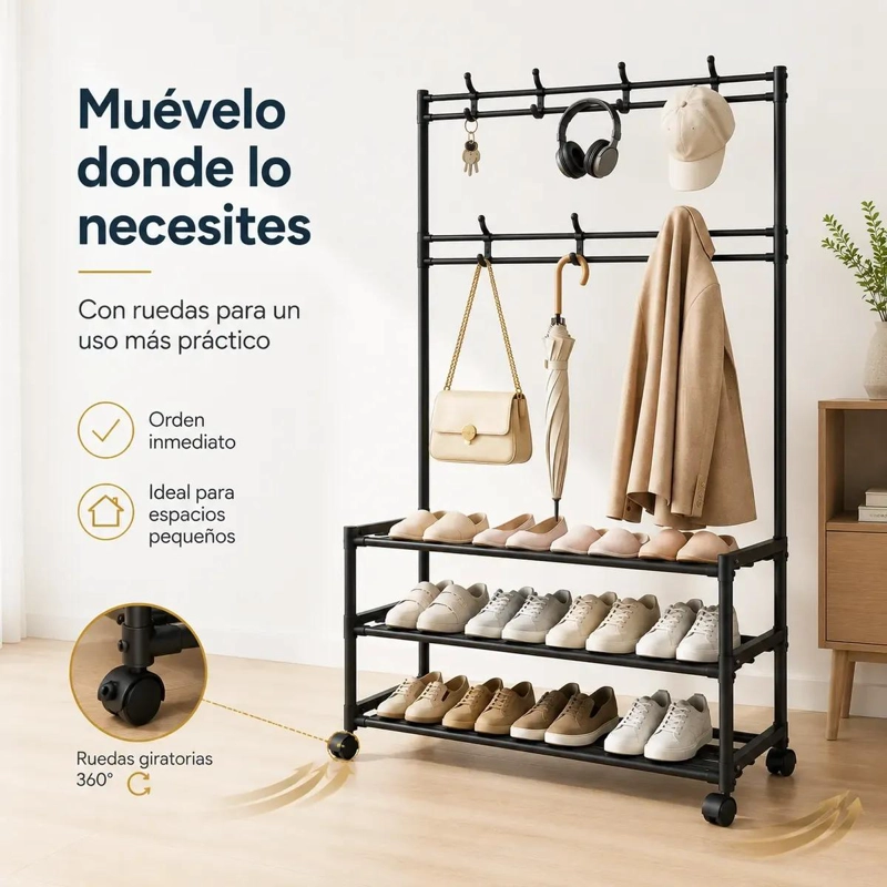 ORGANIZADOR ZAPATERO Y PERCHERO CON RUEDAS COLOR NEGRO 77X35X165CM - 5