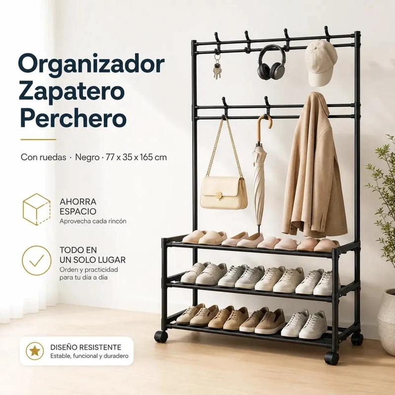 ORGANIZADOR ZAPATERO Y PERCHERO CON RUEDAS COLOR NEGRO 77X35X165CM - 6