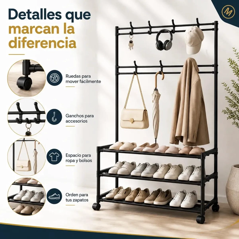 ORGANIZADOR ZAPATERO Y PERCHERO CON RUEDAS COLOR NEGRO 77X35X165CM - 7