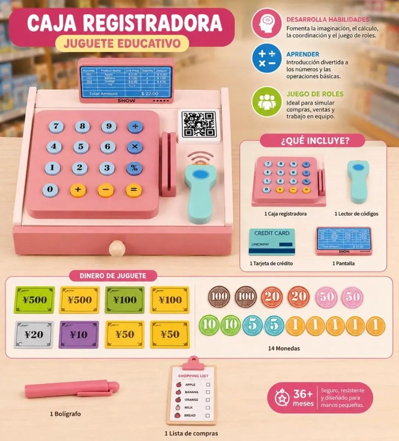 CAJA REGISTRADORA INFANTIL DE MADERA CON ACCESORIOS Y DINERO - 2