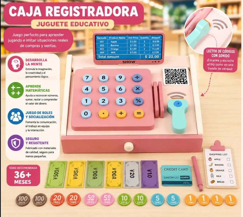 CAJA REGISTRADORA INFANTIL DE MADERA CON ACCESORIOS Y DINERO - 4
