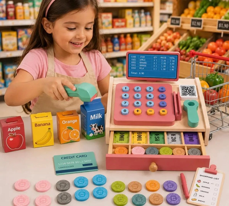 CAJA REGISTRADORA INFANTIL DE MADERA CON ACCESORIOS Y DINERO - 6