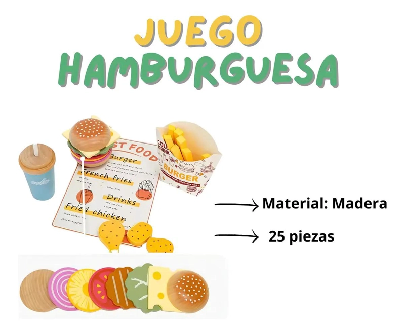 SET DE JUGUETE DIDACTICO DE COCINA CON HAMBURGUESAS DE MADERA - 1