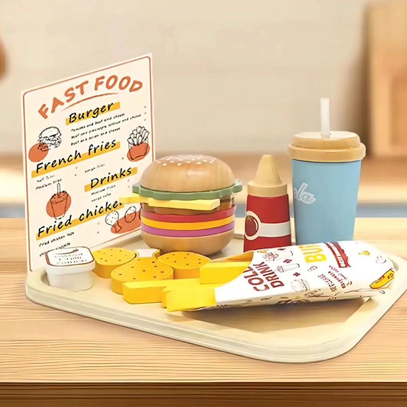 SET DE JUGUETE DIDACTICO DE COCINA CON HAMBURGUESAS DE MADERA - 4