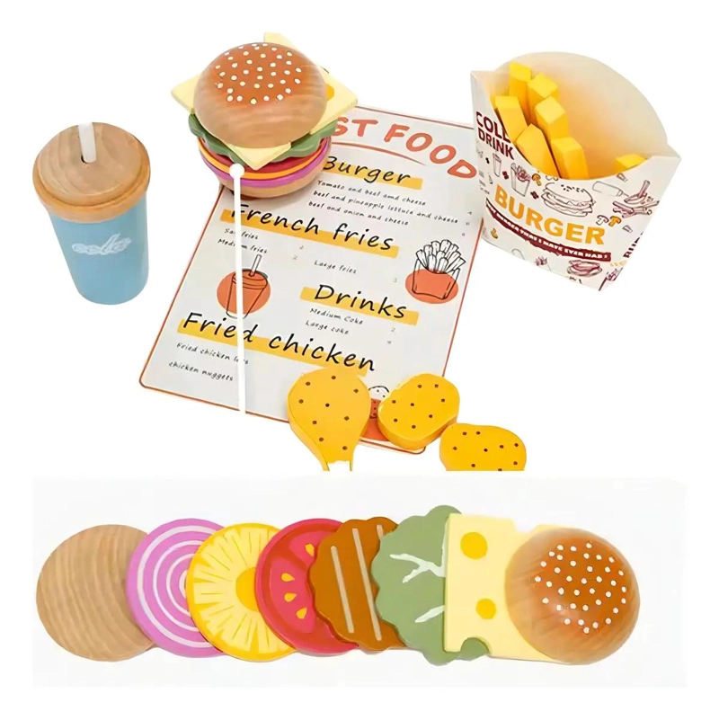 SET DE JUGUETE DIDACTICO DE COCINA CON HAMBURGUESAS DE MADERA - 5