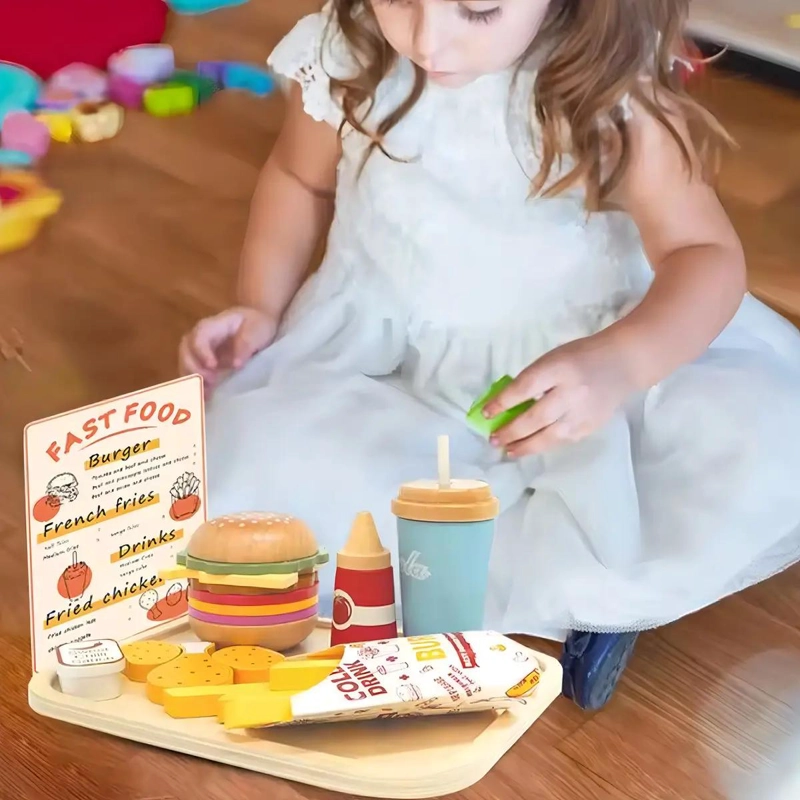 SET DE JUGUETE DIDACTICO DE COCINA CON HAMBURGUESAS DE MADERA - 7