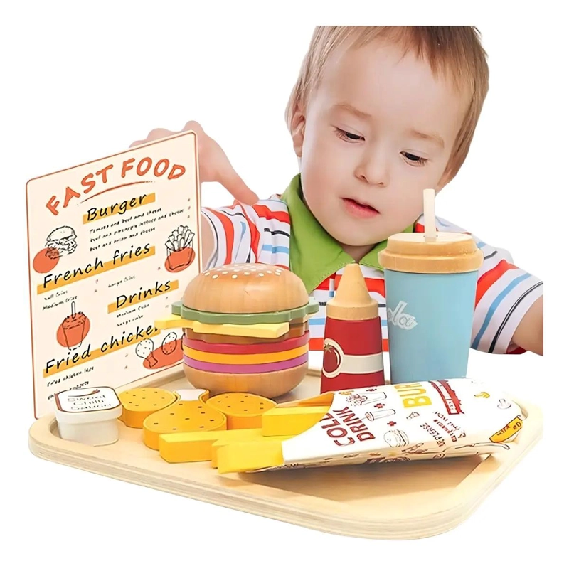 SET DE JUGUETE DIDACTICO DE COCINA CON HAMBURGUESAS DE MADERA - 8
