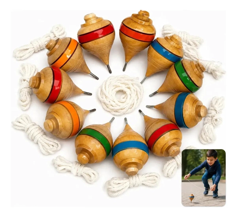 PACK DE 12 TROMPOS CHILENOS DE MADERA PARA JUGAR - 1