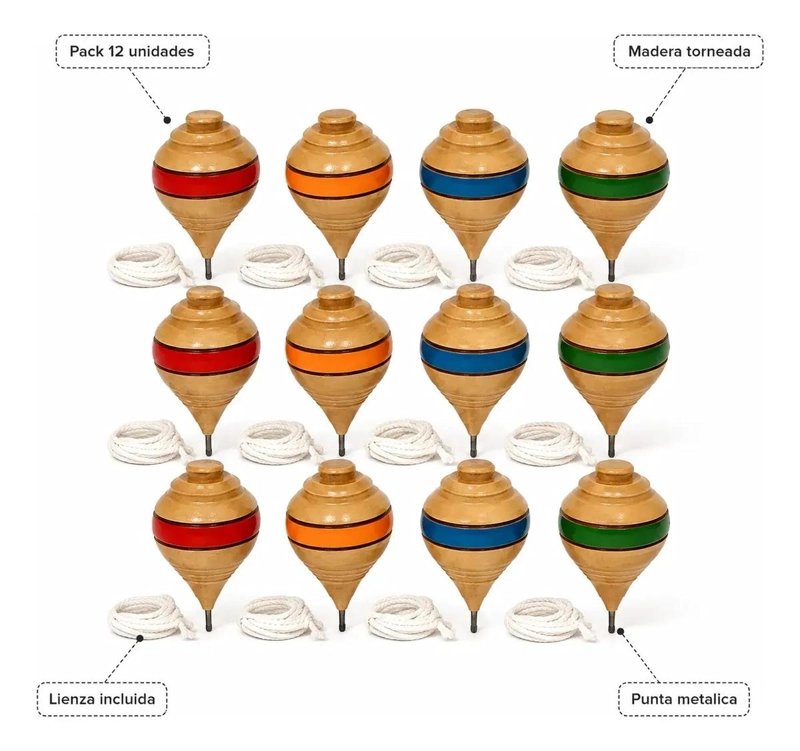 PACK DE 12 TROMPOS CHILENOS DE MADERA PARA JUGAR - 2