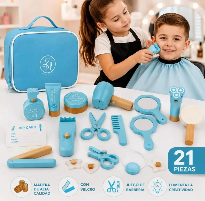 MALETIN DE PELUQUERIA INFANTIL DE MADERA CON 21 ACCESORIOS - 1